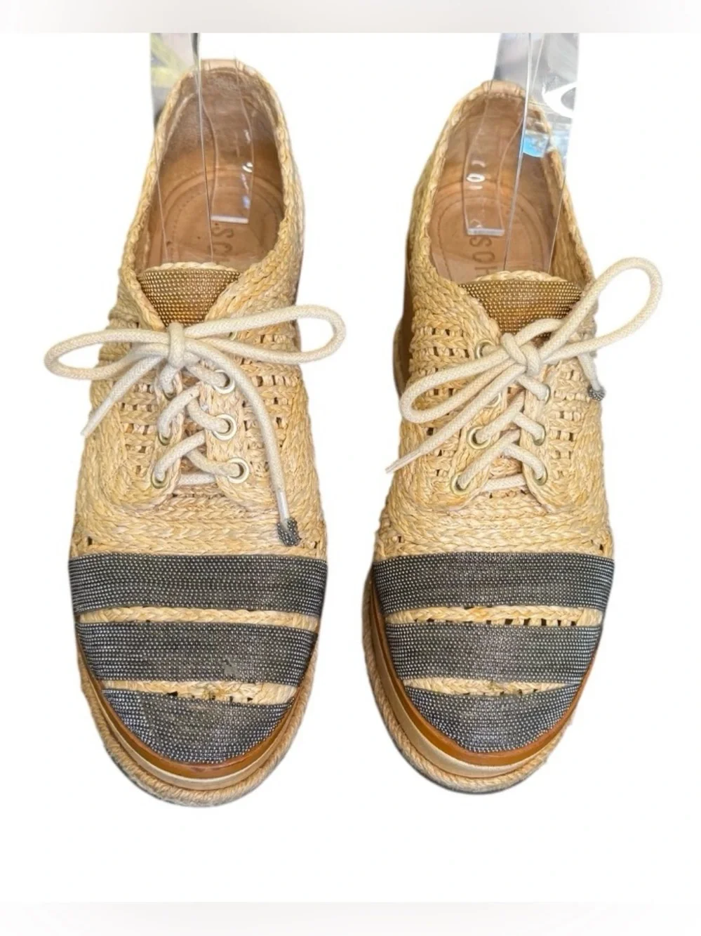 SCHUTZ size 6.5 RARE raffia metal platform lace up espadrilles Oxford shoes
